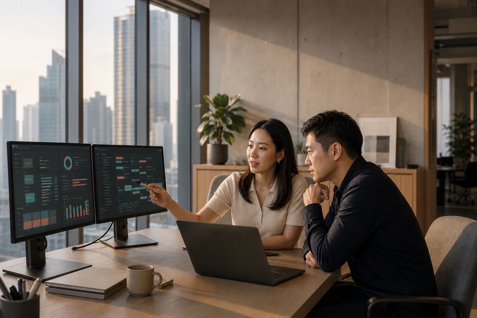 Two Hong Kong professionals collaborating with KanHan across a multi-screen workstation