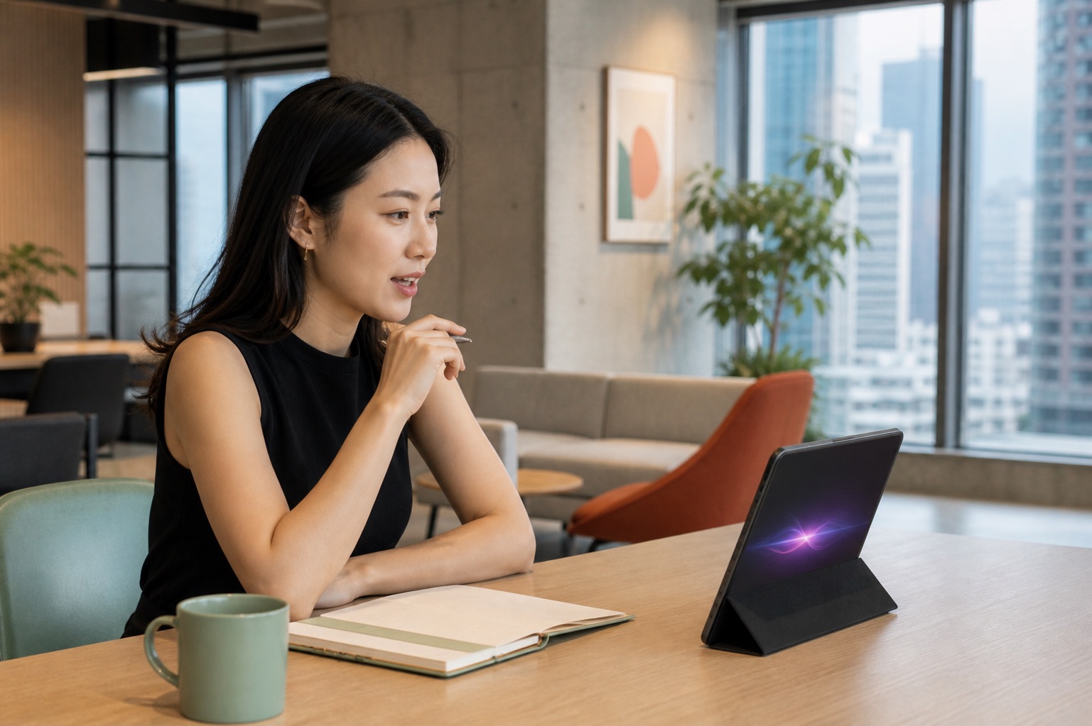 A Hong Kong professional speaking to KanHan Voice on a tablet in a modern office